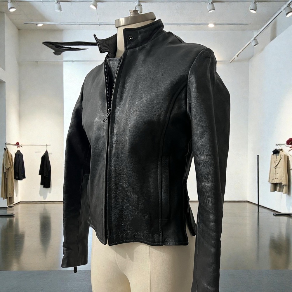 UNIK Premium Black Leather Biker Moto Jacket Stand Collar‎ Removable Lining S